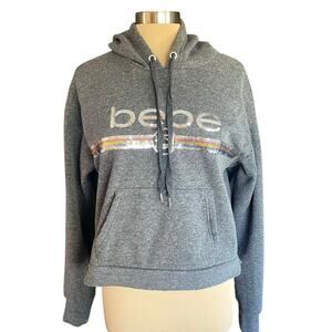 Bebe Sequin Spell Out Pullover Hoodie Size XL Gray Kangaroo Pocket Casual Cozy